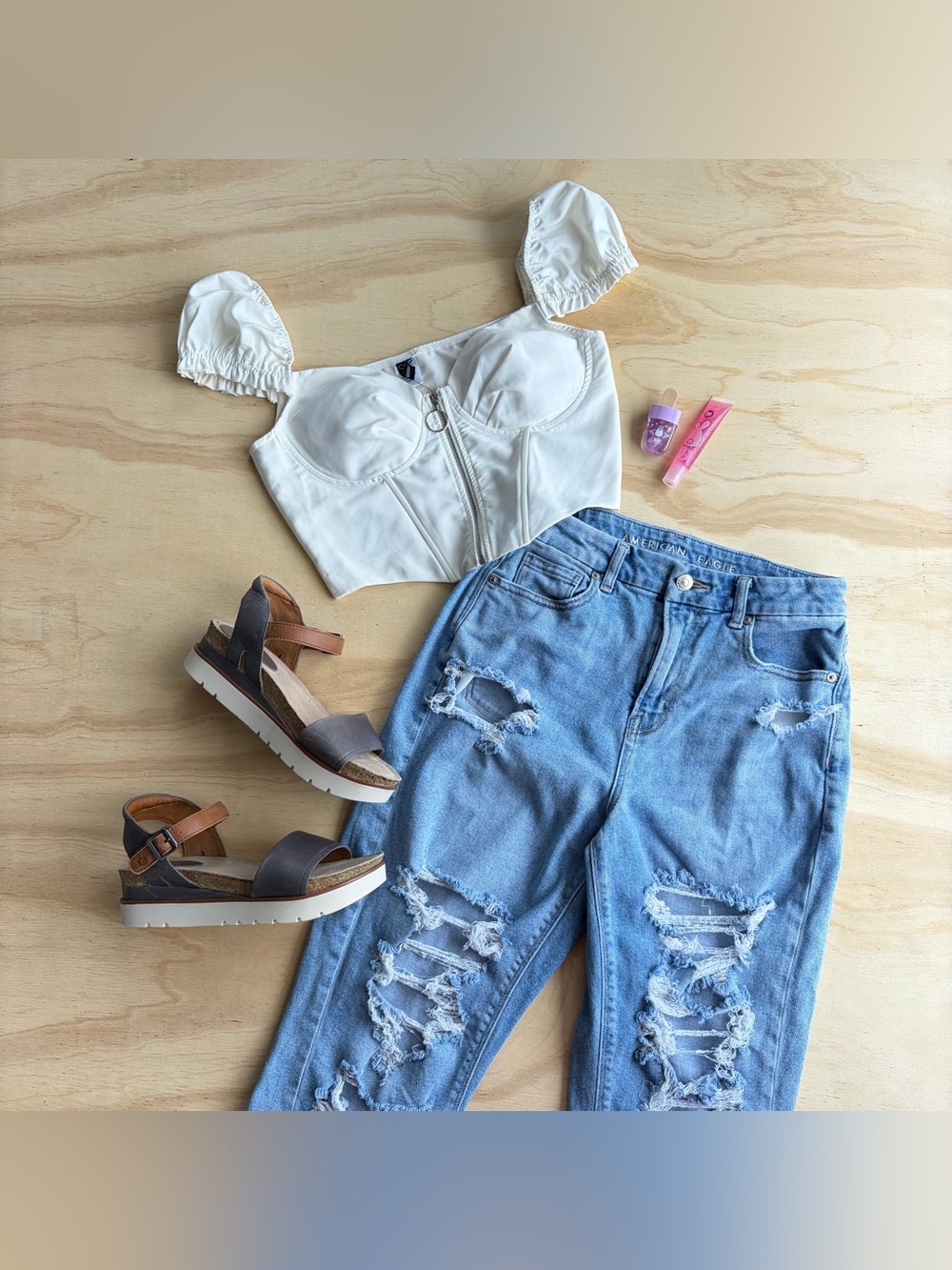 Windsor White Puff Sleeve Corset Crop Top with Front Zipper O-Ring Size S